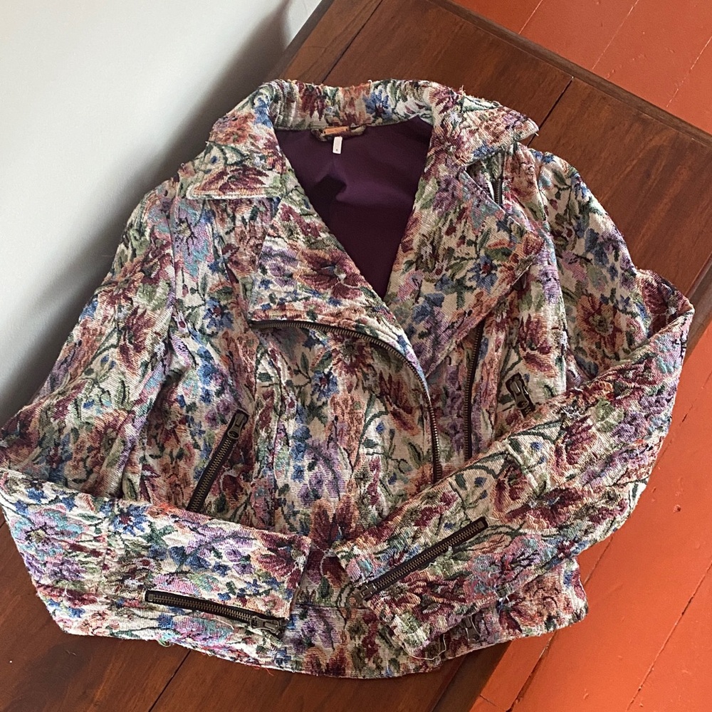 Free People Floral Tapestry Moto Jacket